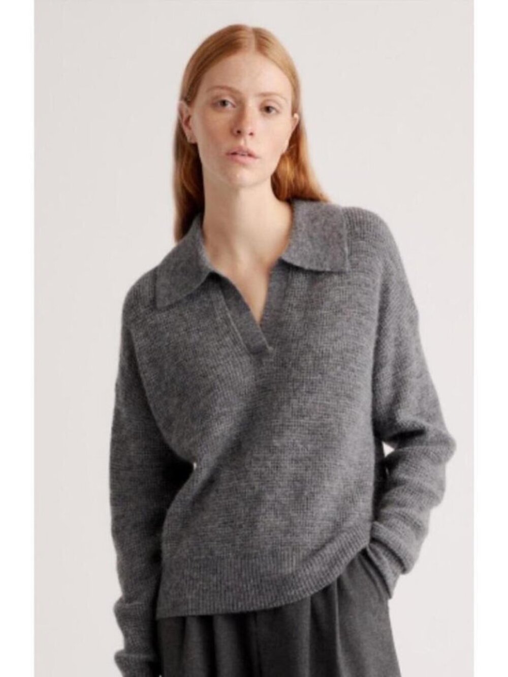 Quince Baby Alpaca-Wool Waffle Stitch Polo Sweater_ Gray